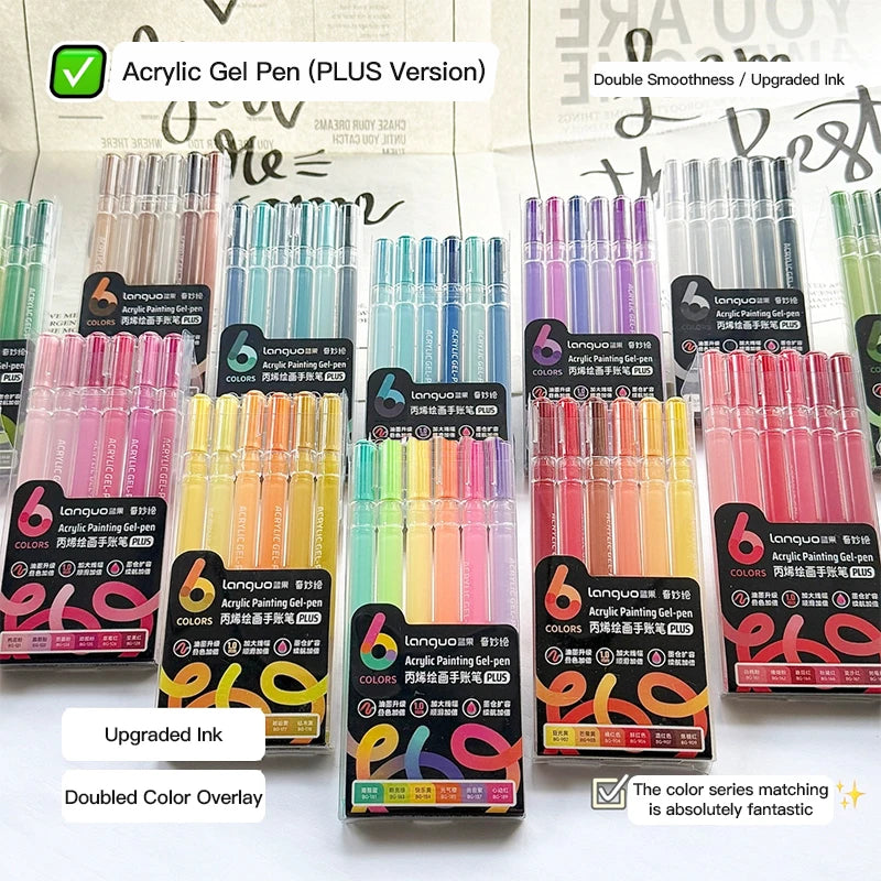 A set of multi-color acrylic gel pens in various shades and packaging options for painting.