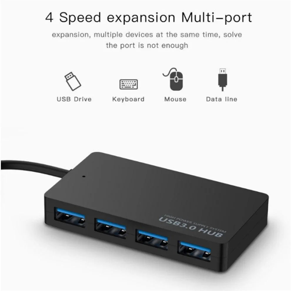 A black multi-port USB 3.0 hub with four ports for expansion and data transfer.