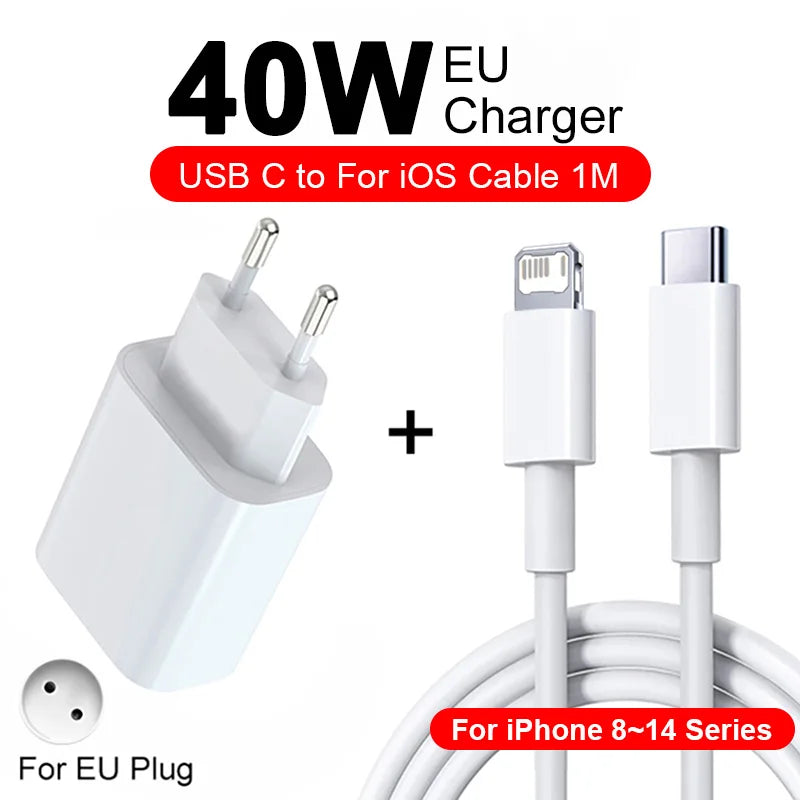 A white 40W EU charger and cable for iOS devices, suitable for iPhone 8-14 series.