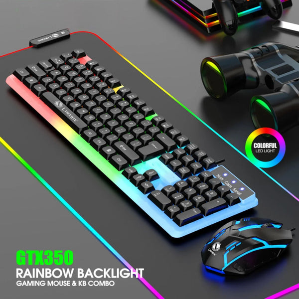 GTX350 Rainbow Backlight gaming mouse and keyboard combo shown on a dark surface.