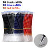 Colección de 30 recargas de bolígrafo en gel en colores negro, azul y rojo, dispuestas en tubos.