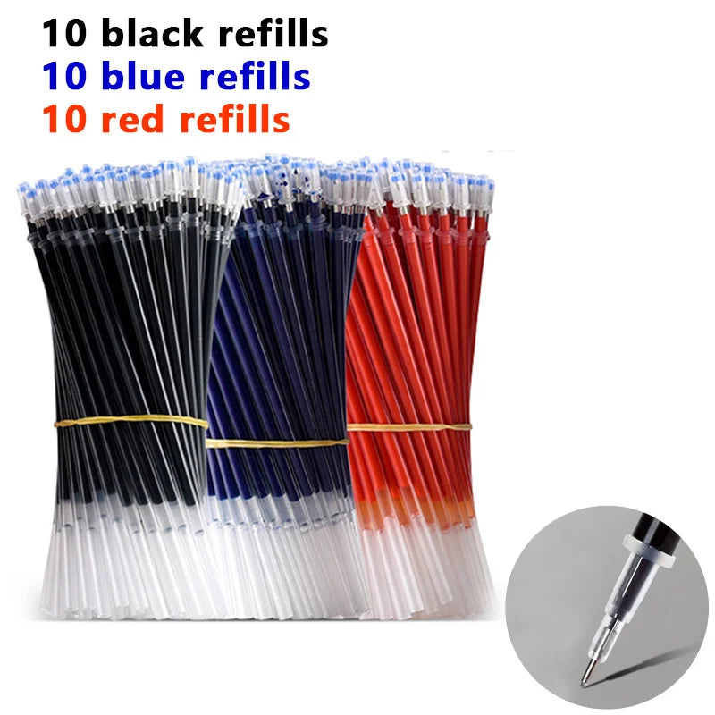Colección de 30 recargas de bolígrafo en gel en colores negro, azul y rojo, dispuestas en tubos.