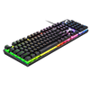 A close-up view of a black wired USB mechanical keyboard with colorful RGB backlighting.