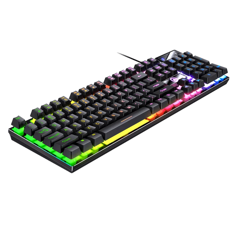 A close-up view of a black wired USB mechanical keyboard with colorful RGB backlighting.