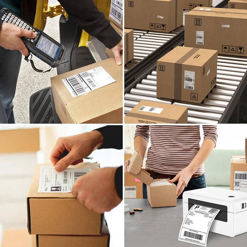 Hands are applying thermal shipping labels to cardboard boxes in a warehouse setting.