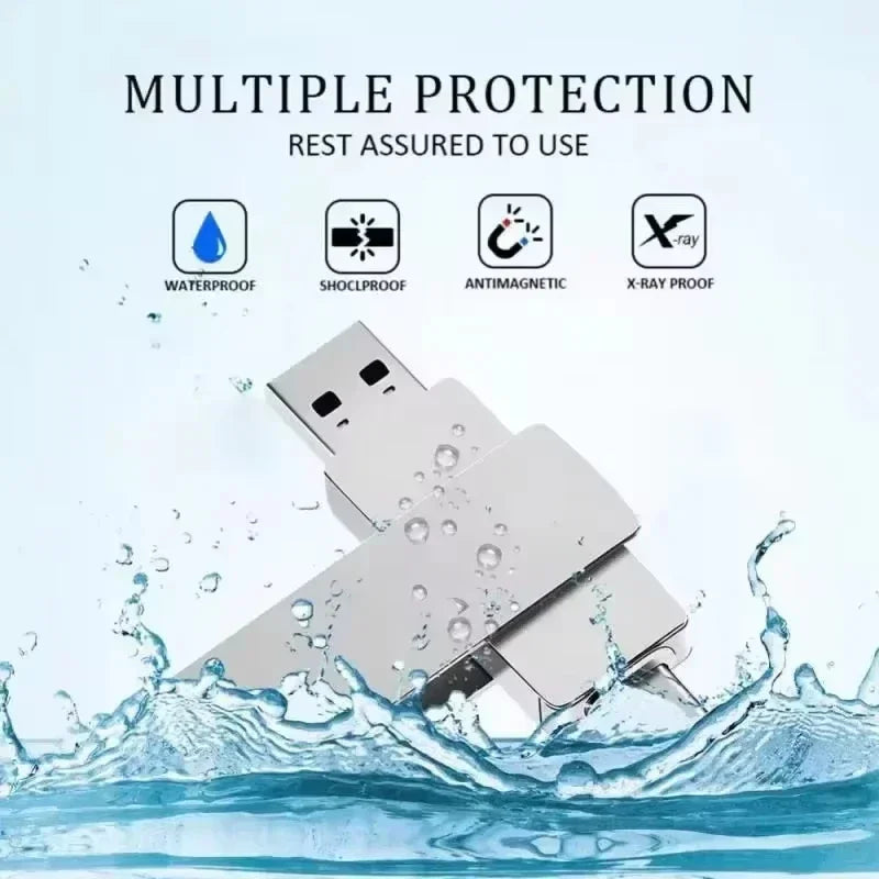 A silver metal USB flash drive is shown being protected by water, magnetic, and X-ray shielding features.