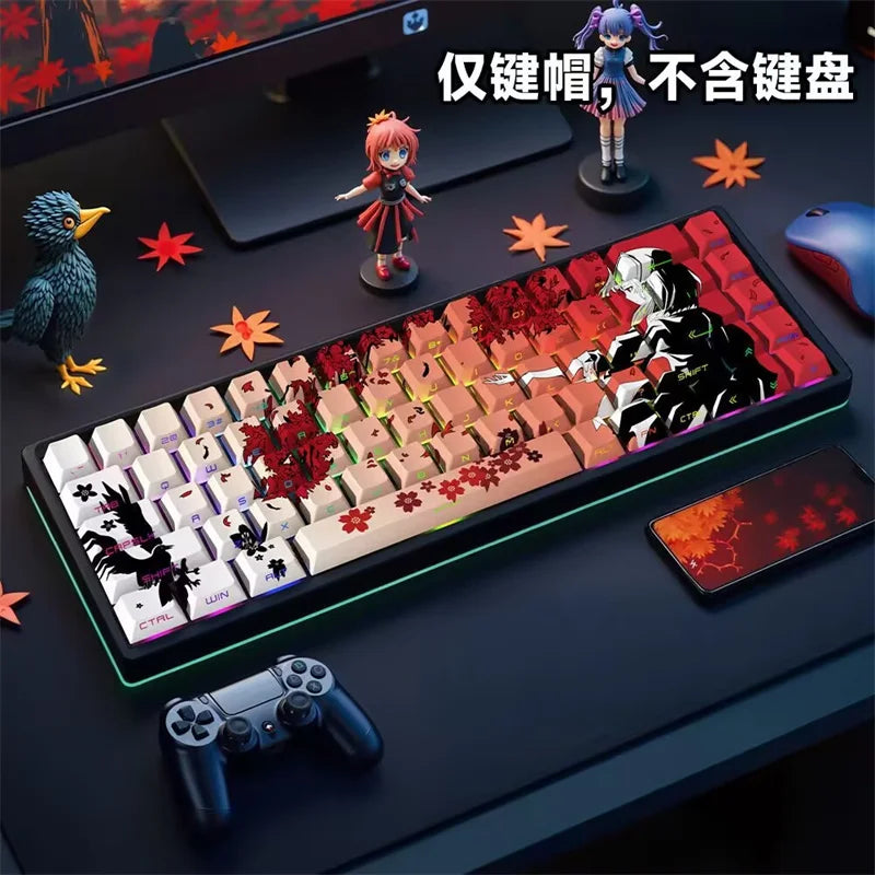 A mechanical keyboard featuring anime-themed PBT keycaps, including figurines of characters like Itsuki and a cat.