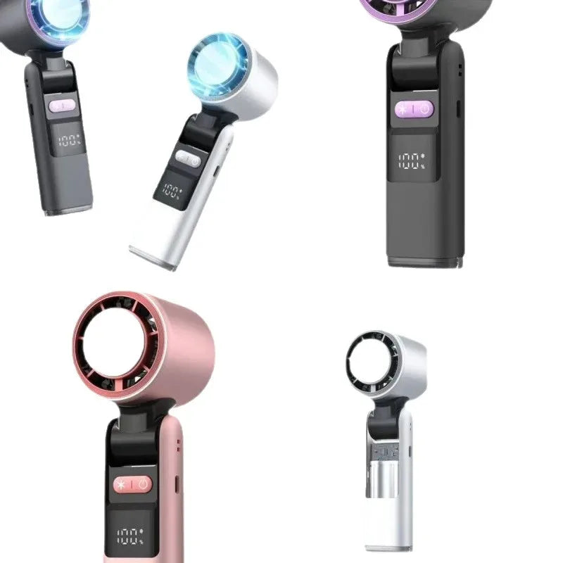 A collection of mini USB powered cold fans with digital displays shown in various angles and colors.