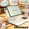 A white magnetic wireless keyboard case with a backlit trackpad for an iPad is shown on a wooden desk.