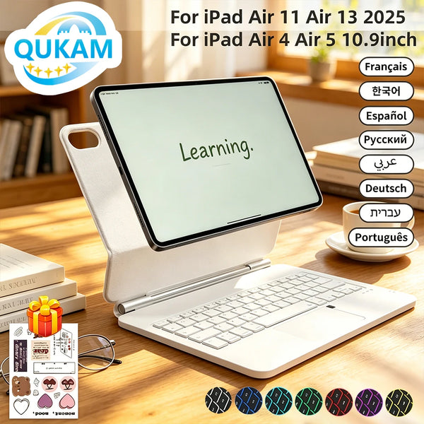 A white magnetic wireless keyboard case with a backlit trackpad for an iPad is shown on a wooden desk.