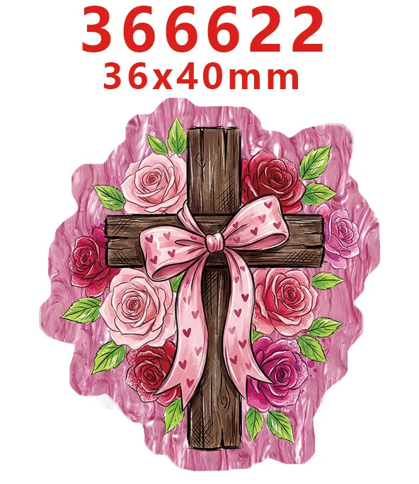 A wooden cross decorated with pink and red roses and leaves, set against a pink background.