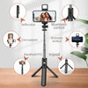 A black 3-in-1 selfie stick tripod featuring a smartphone mount, LED light, and Bluetooth control.