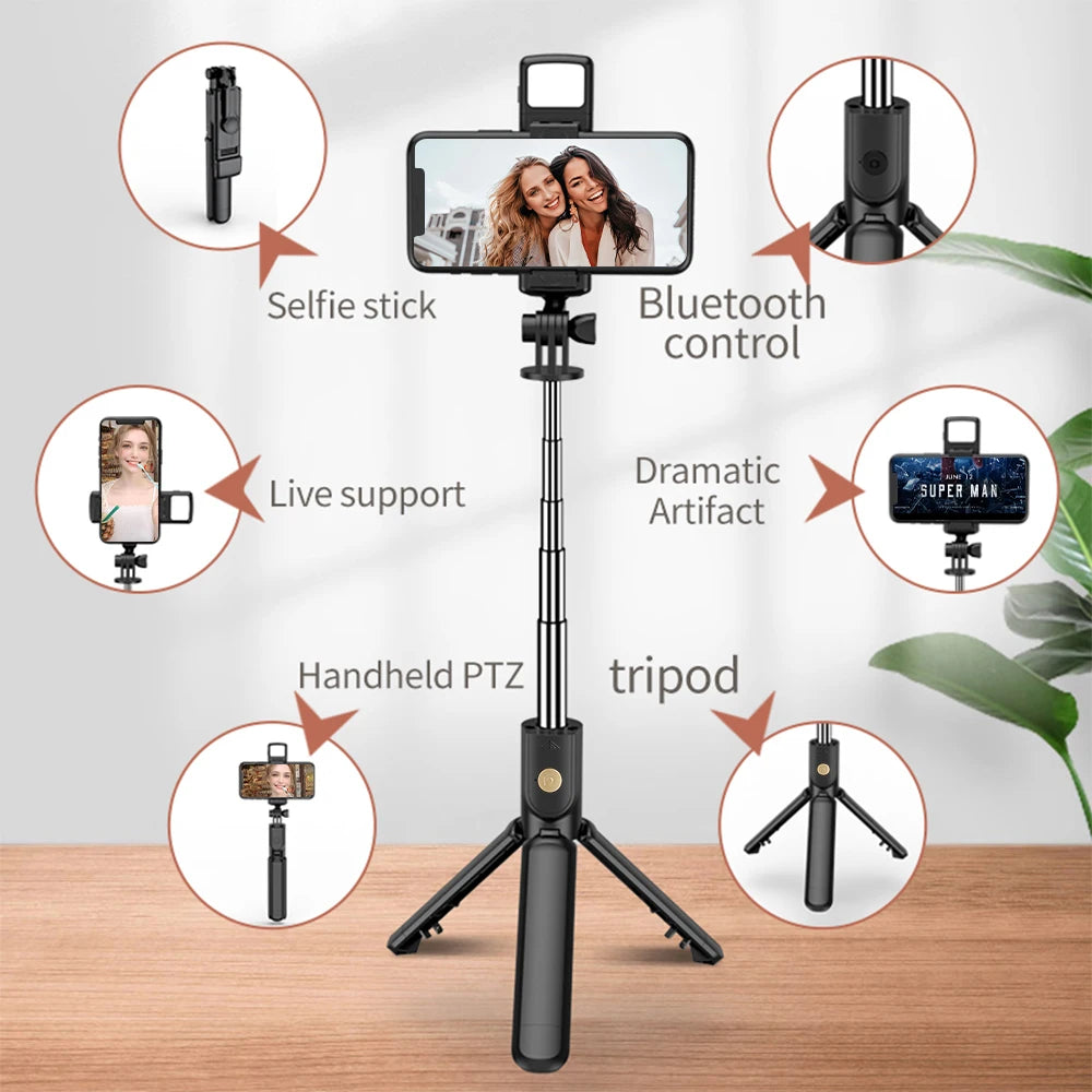 A black 3-in-1 selfie stick tripod featuring a smartphone mount, LED light, and Bluetooth control.