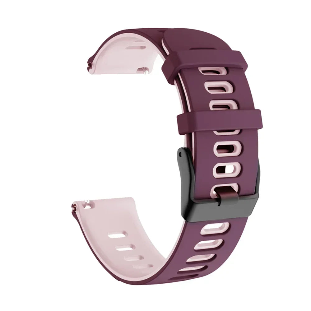 A purple silicone watch band for a smartwatch, shown in a curved shape.