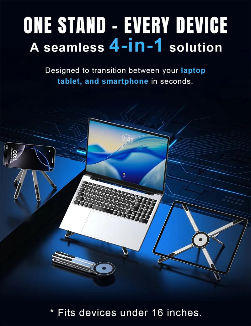 A foldable laptop and smartphone mount designed for a seamless 4-in-1 transition between devices.