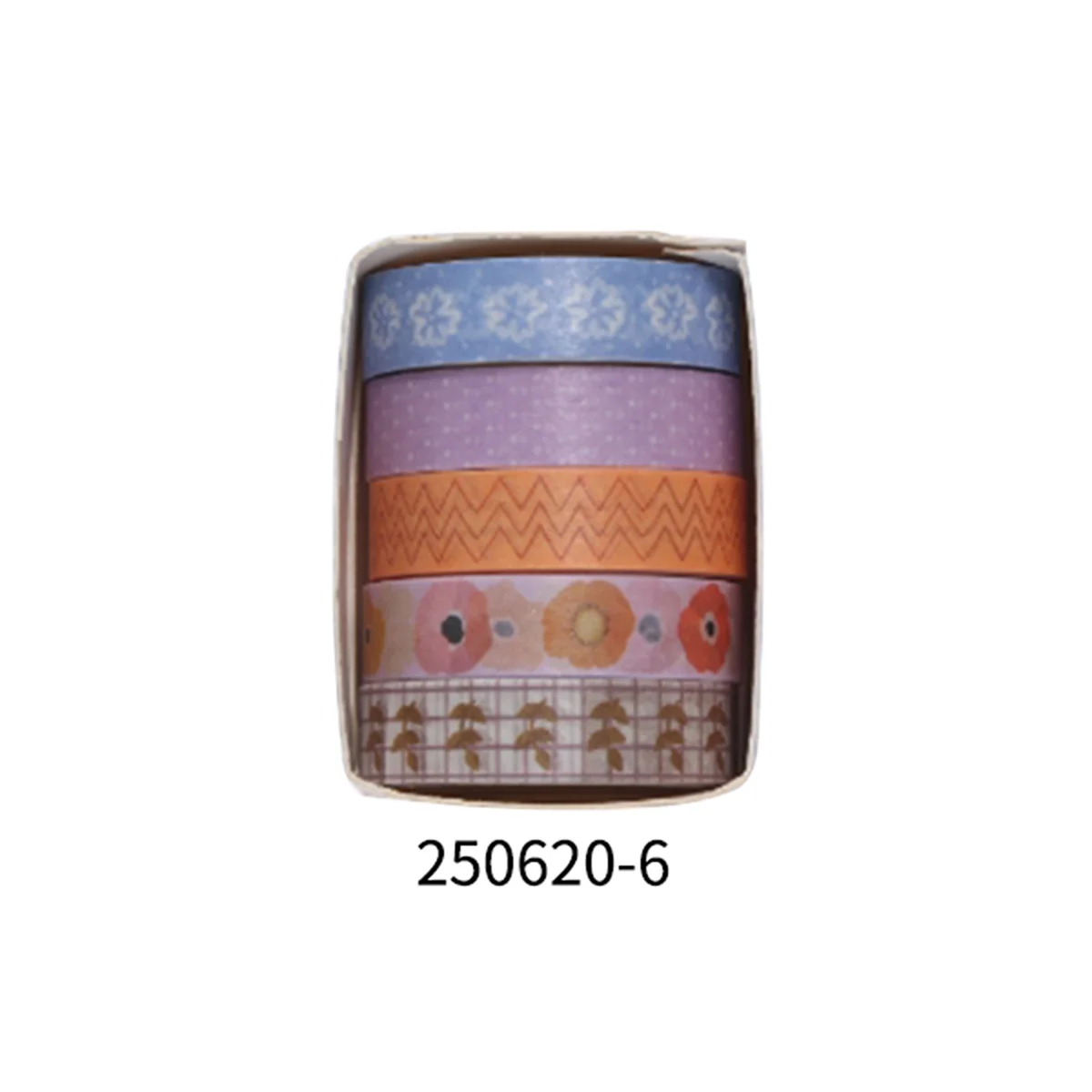 A set of five rolls of decorative floral masking tape in various pastel colors for journals and crafts.