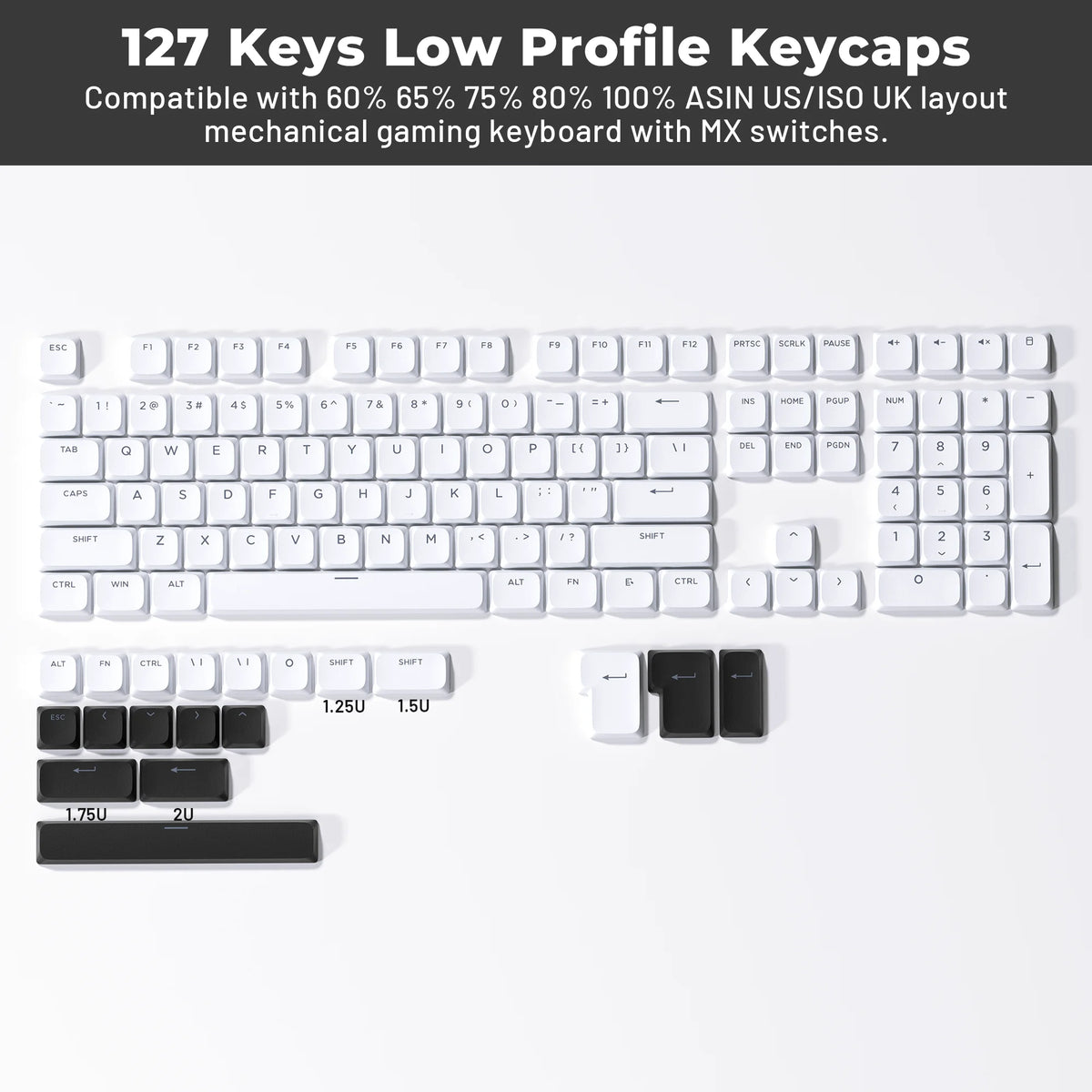 A close-up view of a white low profile mechanical keyboard featuring 127 keys and MX switches.