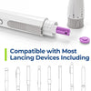 A white lancet device with a purple needle is shown next to various compatible lancets for blood sugar testing.
