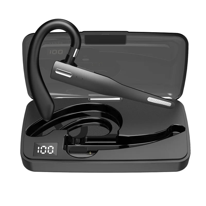 A black professional wireless Bluetooth earphone charging case with a visible battery indicator.