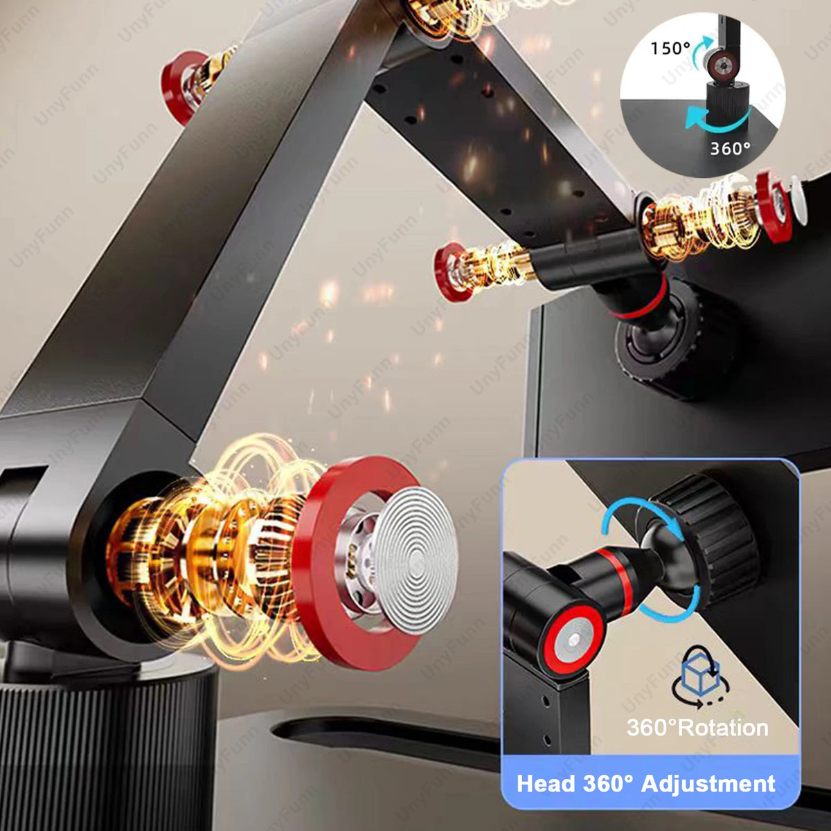 Close-up of an adjustable monitor stand featuring a head 360 degree rotation and multi-angle adjustment mechanism.