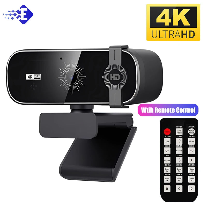 A black 4K UltraHD webcam with a privacy cover and microphone, shown alongside its remote control.