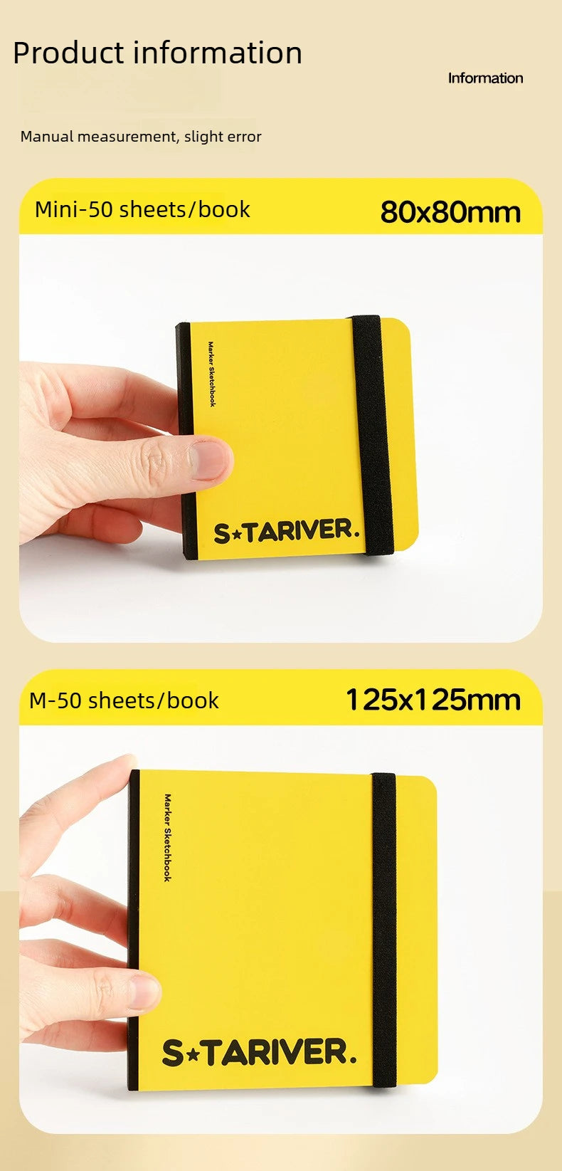 Yellow S+TARIVER drawing paper sheets in a notebook format, shown being held by a hand.