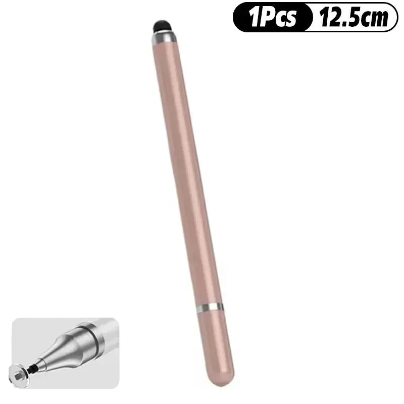 A long, rose gold stylus pen with a silver tip shown next to its disassembled view.