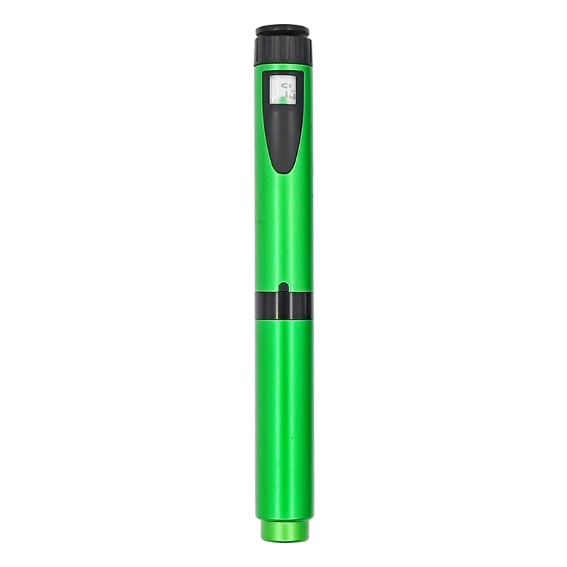 A green reusable injection pen with an adjustable cartridge and black cap.