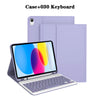 Estuche desmontable morado para teclado de iPad mostrando el teclado y una cubierta protectora a juego.