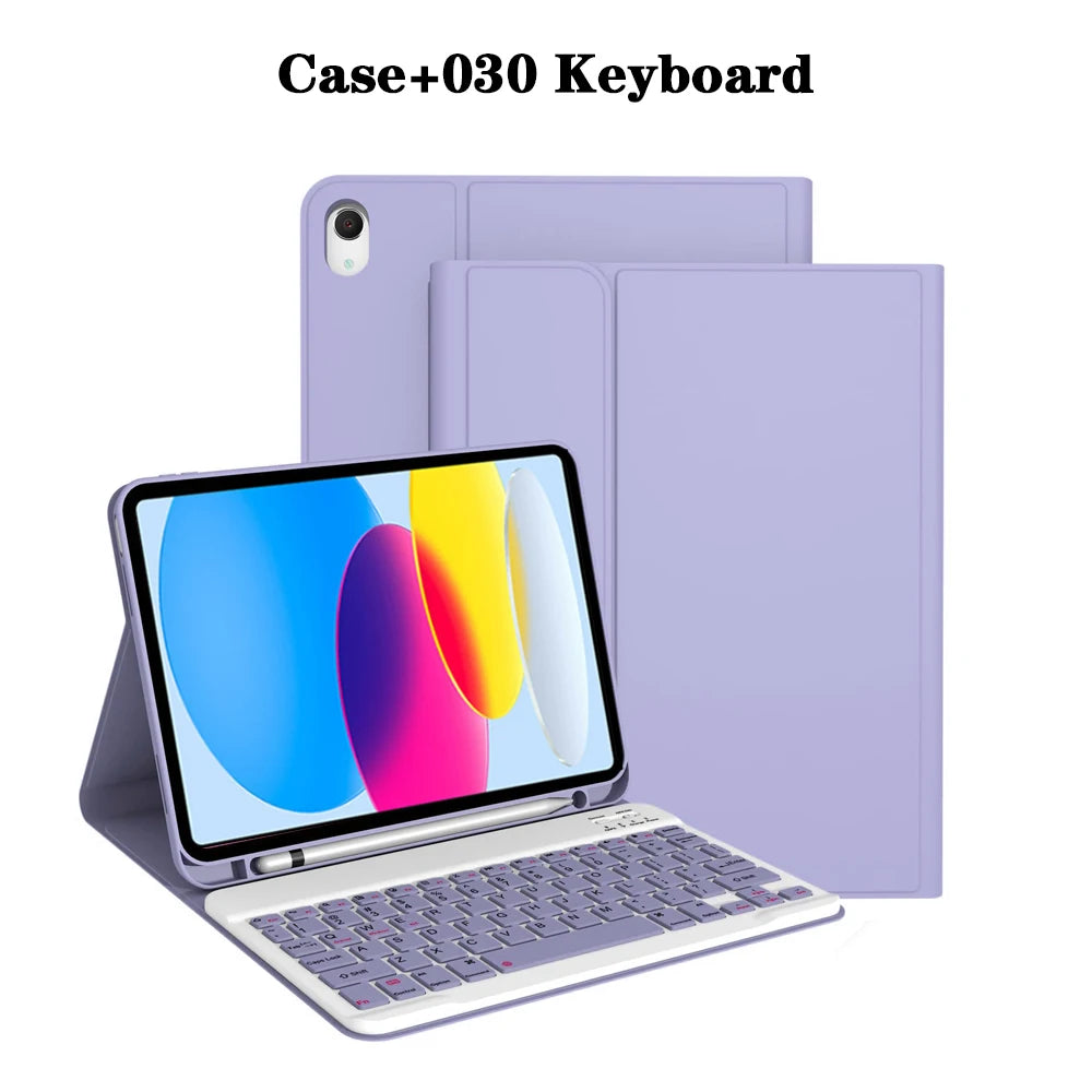 Estuche desmontable morado para teclado de iPad mostrando el teclado y una cubierta protectora a juego.