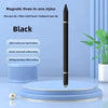 Un bolígrafo stylus magnético negro de tres en uno sobre una superficie azul claro con una planta en el fondo.