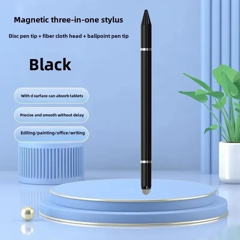 Un bolígrafo stylus magnético negro de tres en uno sobre una superficie azul claro con una planta en el fondo.