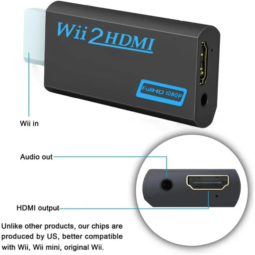 A black Wii 2 HDMI converter adapter showing the input and output ports.