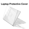 A clear protective cover for a laptop, shown with a MacBook, highlighting its transparent design.