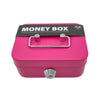 A pink metal key lock cash box with a silver handle and lock mechanism.