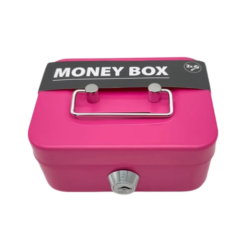 A pink metal key lock cash box with a silver handle and lock mechanism.