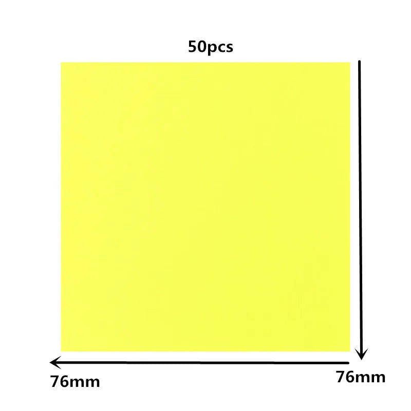 A yellow square sheet of transparent sticky notes memo pads, measuring 76mm by 76mm.