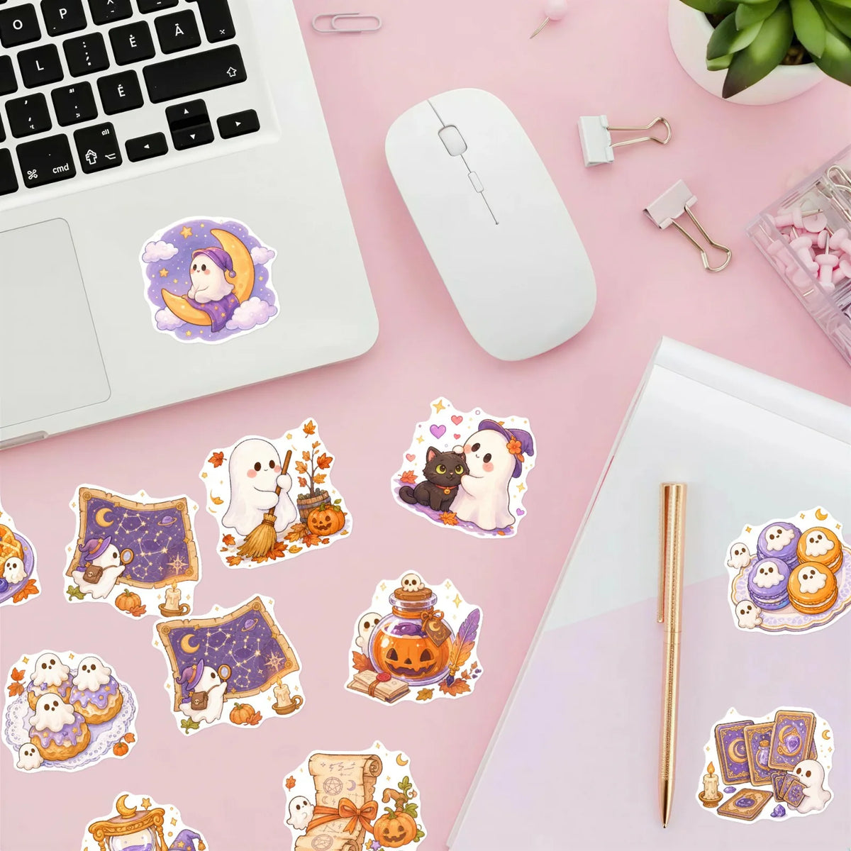 A collection of pastel Halloween vinyl decals featuring cute ghosts, pumpkins, and desserts on a pink background.