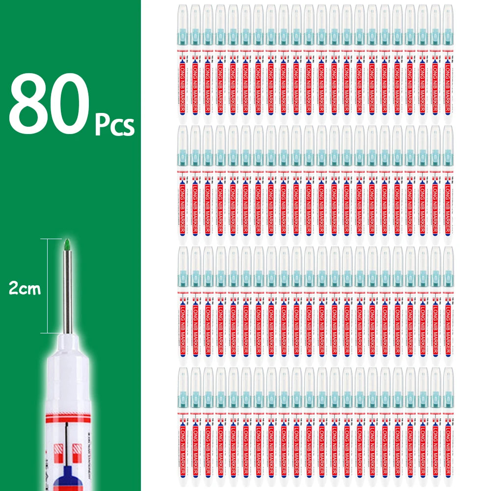 A set of 80 precision waterproof marking pens for woodworking and crafts, shown in various colors and packaging.