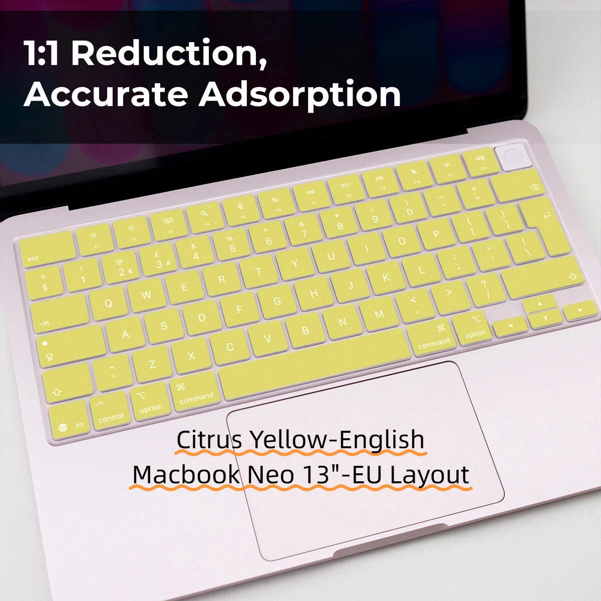 A yellow keyboard cover for a MacBook Pro showing a 1:1 reduction and accurate adsorption feature.