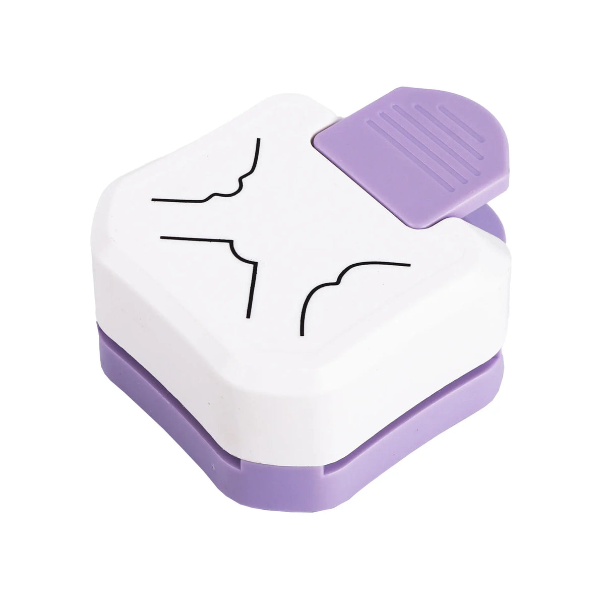 A white and purple 3-in-1 corner rounder punch tool for card making and scrapbooking.