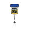 A glitter acrylic badge reel featuring a black cap and the text Urine Good Hands on the body.