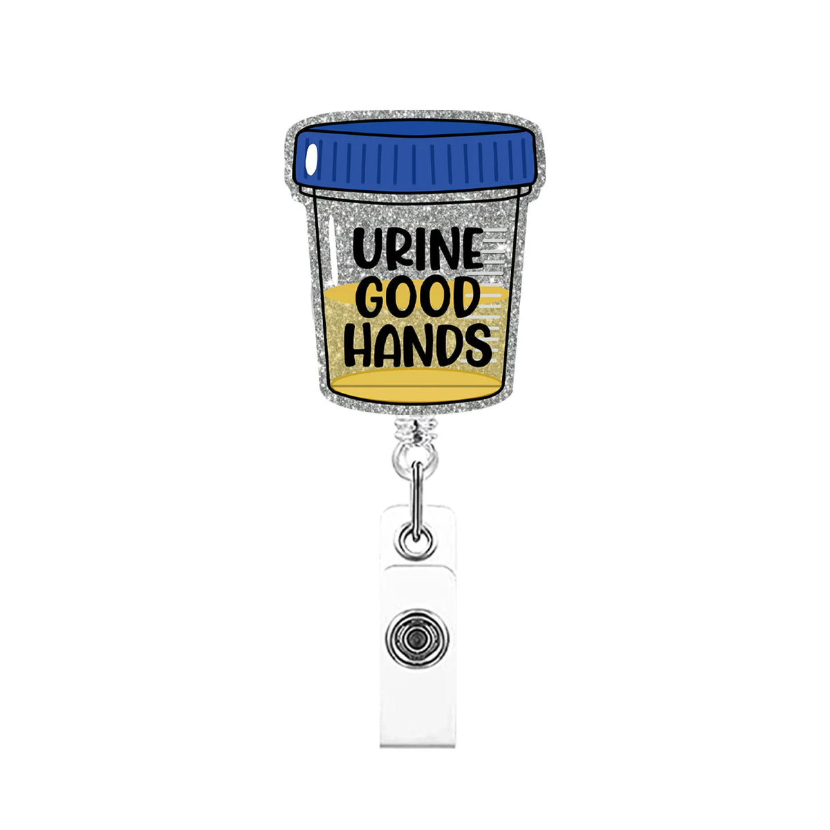 A glitter acrylic badge reel featuring a black cap and the text Urine Good Hands on the body.