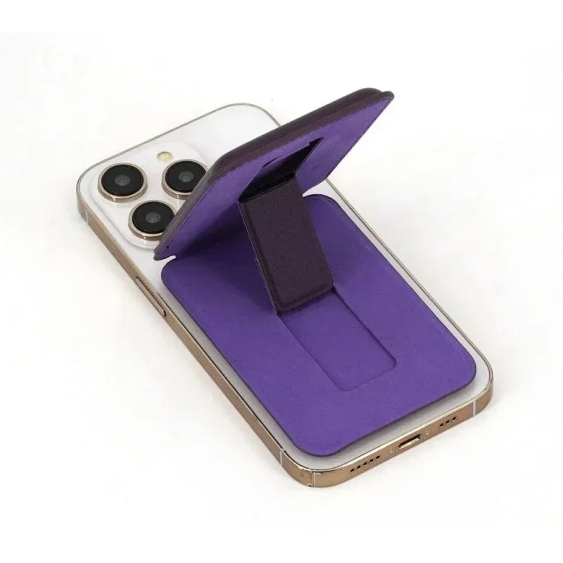 A purple magnetic leather wallet with a stand case is shown open on a white background.