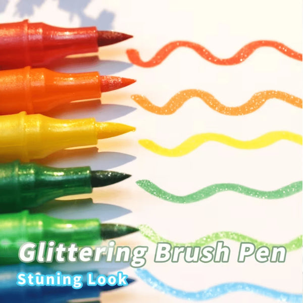 A collection of various colored glitter brush pens demonstrating a stunning look.