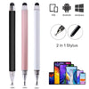 A set of dual-tip capacitive stylus pens shown in black and white, with various tips for tablets and smartphones.