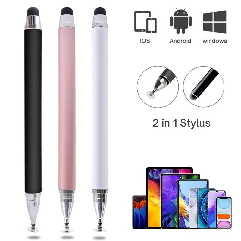 A set of dual-tip capacitive stylus pens shown in black and white, with various tips for tablets and smartphones.