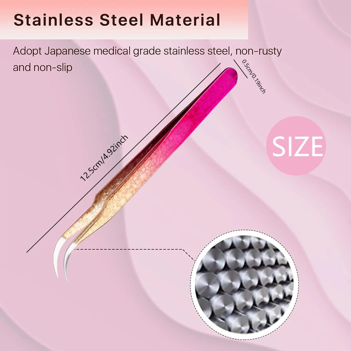 A pair of pink and gold precision eyelash extension tweezers made from stainless steel with a gradient finish.