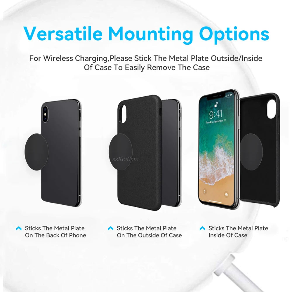 Versatile mounting options showing how to stick metal plates outside or inside a phone case for wireless charging