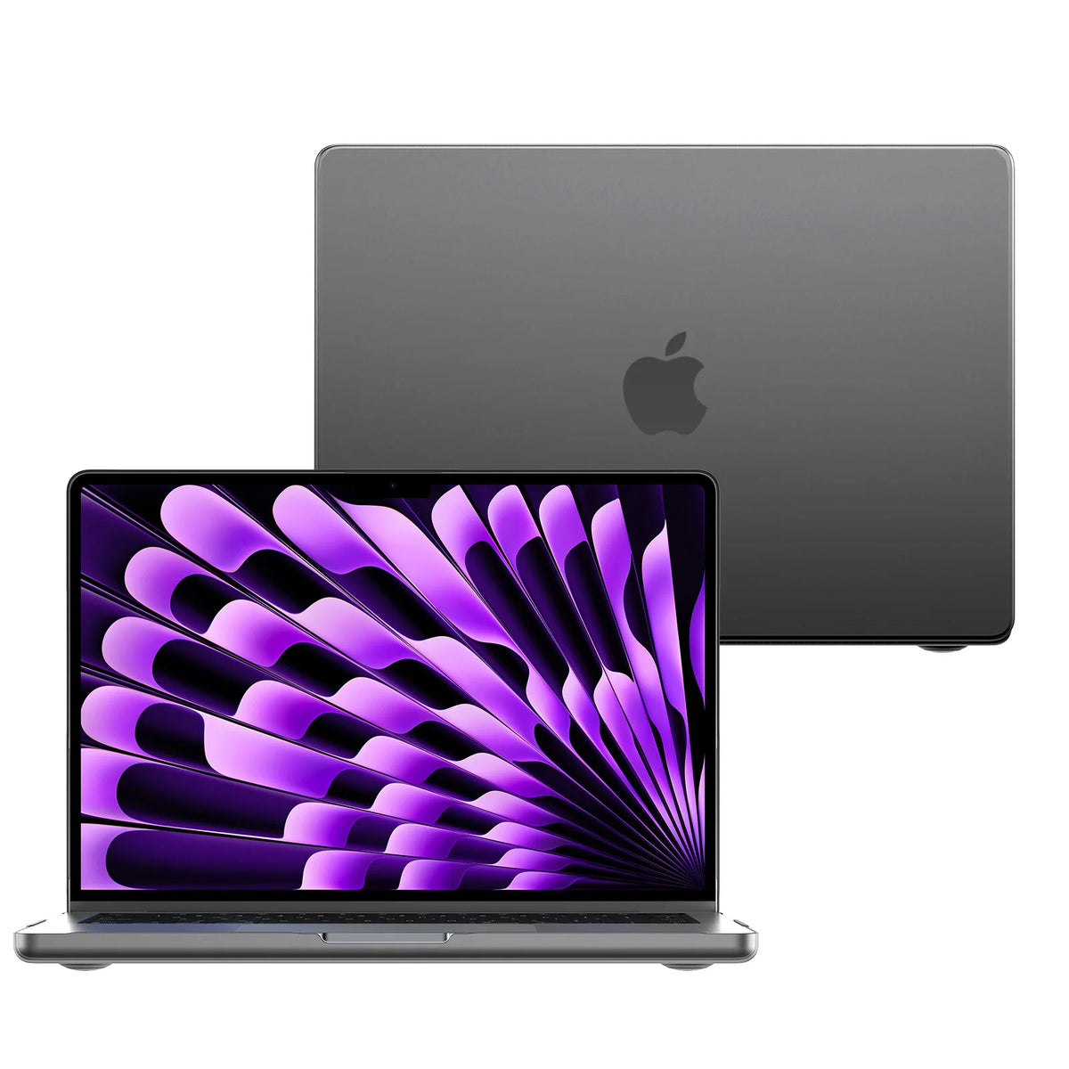 A close-up view of a purple MacBook Air with a protective case next to a gray laptop.